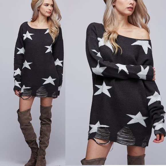 Sweaters - Dark Charcoal White Star Distressed Sweater Tunic